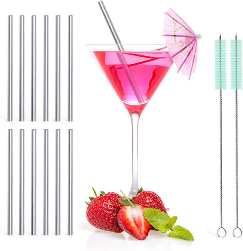 Teivio 12 Pack + Cleaning Brush, 5-inch Extra Short Reusable Stainless Steel Drink Straws for Cocktails