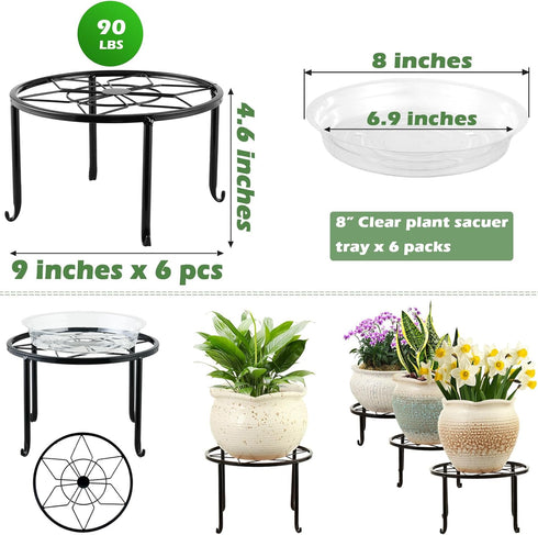 DEELF OUTLET 6-pack 9" Large Metal Plant Stands Indoor Outdoor Rustproof Iron Potted Plant Holder Heavy-duty Round