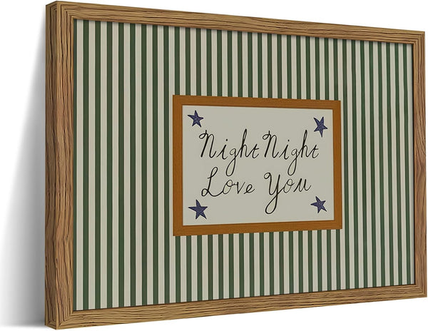 WHDYSP Vintage Green Wall Art, Mid Century Night Night Love You Stripe Canvas