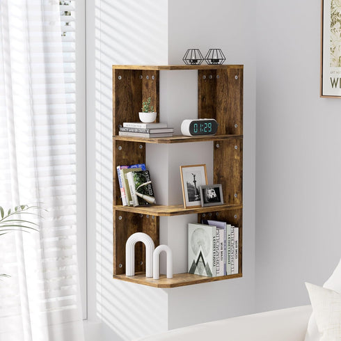 4-Tier Floating Corner Shelf, Floating Shelf for Wall, Wood Floating Book Shelf for Living Room, Bedroom, Bathroom