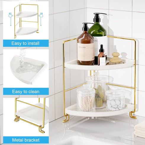 2-Tier Counter Countertop FSyueyun Corner Bathroom Organizer, Tool-Less Installation Vanity Shelf Small Plastics Makeup