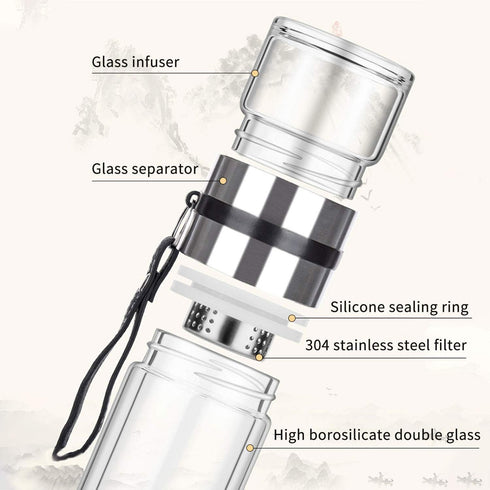 PARACITY Glass Tea Infuser Bottle, Double Wall Borosilicate Travel Tumbler Mug for Loose Leaf Herbal Tea, 13 OZ