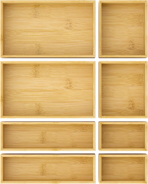 Bathroom Drawer Organizer Trays, 8 PCS Bamboo Stackable Drawer Bins for Kitchen Utensils and Makeup