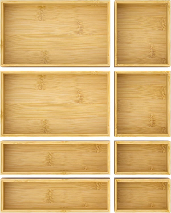 Bathroom Drawer Organizer Trays, 8 PCS Bamboo Stackable Drawer Bins for Kitchen Utensils and Makeup