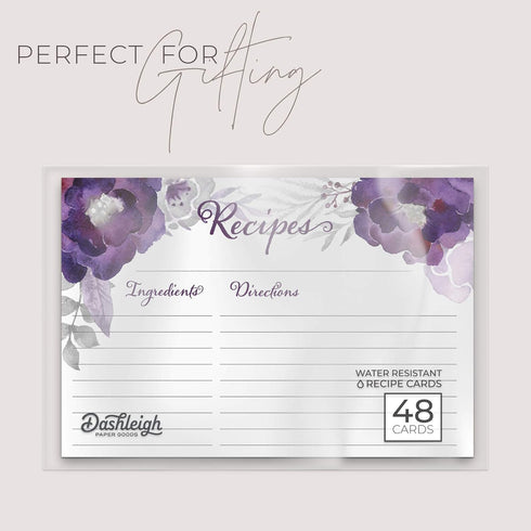 Floral Recipe Cards from Dashleigh, 48 Double-Sided Water-Resistant Cards, 4x6 inches (Violet Purple)