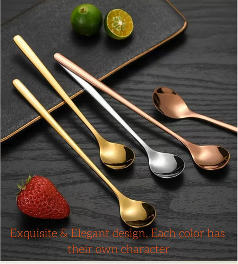 3 6.7-Inch Set, Color Coffee Spoon Long Handle metal Stirring Spoons Teaspoon, Gold Silver Stainless Steel Small