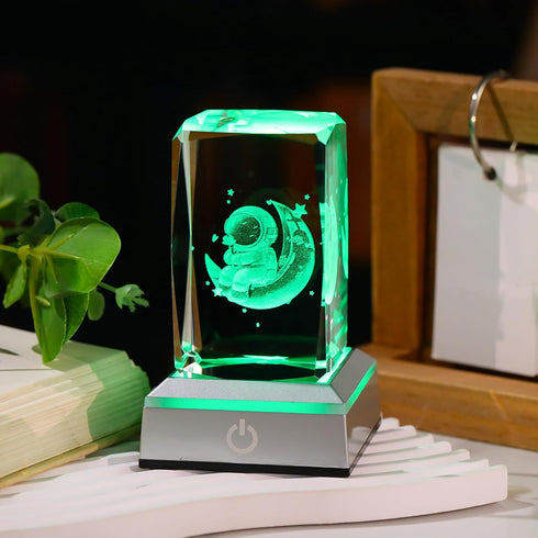 Movdyka Laser Etched Astronaut on Moon Crystal Cube with Color-Changing LED Base - Unique Space Decor, Romantic Night