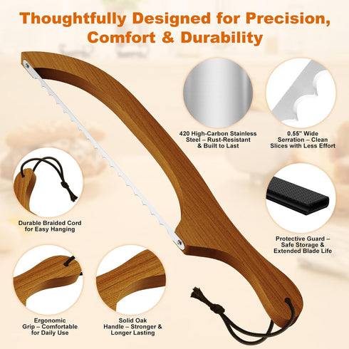 FTCIRA 16" Bread Knife for Homemade Bread Walnut Bow Bread Cutter with Ultra-Sharp Serrated Stainless Steel Blade