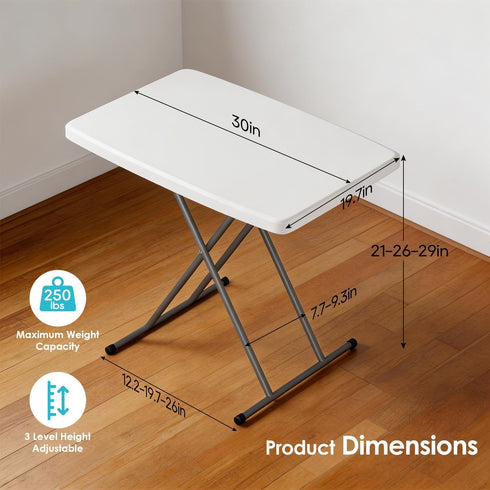 30-Inch Adjustable-Height Folding Table, White HDPE Utility Table for Small Spaces, No Assembly Required Ideal