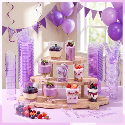 Funnymoom 300 Pack 5oz 3oz Clear Purple Mini Dessert Cups with Spoons Plastic Square Slanted Parfait Appetizer Shooter