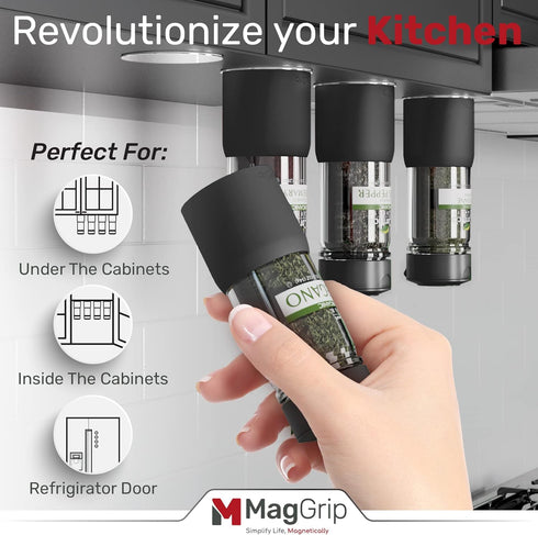 Magnetic Spice Jars Grip - RV Kitchen Organization Must-Haves, Space Saving 4pk in Black