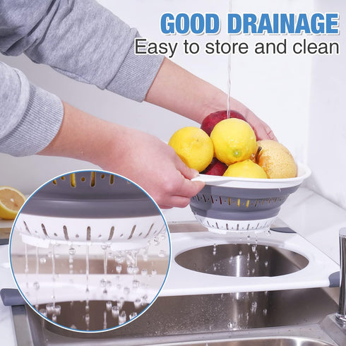 NiHome Over the Sink Cutting Board with Collapsible Colander, 2-In-1 Draining Board, 11"x17.7"