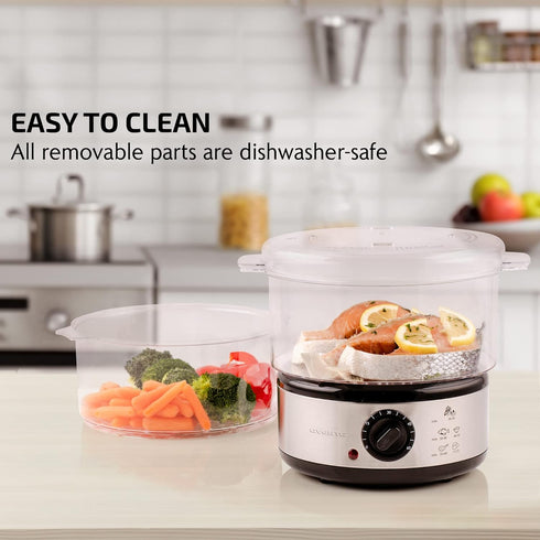 OVENTE 2 Tier Electric Food Steamer - Stainless Steel Base, Stackable Baskets, 400W with 60-Minute Timer