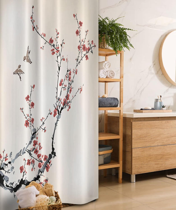 Ambesonne Nature Stall Shower Curtain, Cherry Branches Flowers Artwork, Fabric Bathroom Decor Set, 36" X 72"