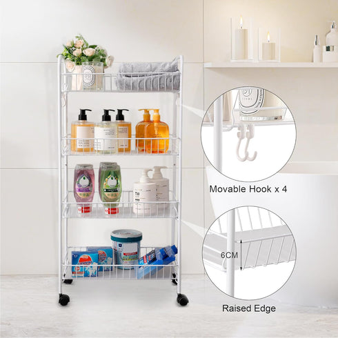 4-Tier PLKOW Metal Rolling Utility Cart, Multi-Functional Storage Cart for Office, Living Room, Kitchen, Bathroom