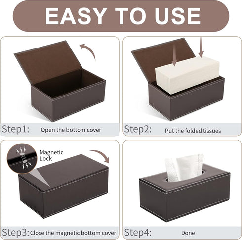 KINGFOM Rectangular PU Leather Tissue Box Cover - Brown Napkin Holder for Bathroom, Home, Office, Car