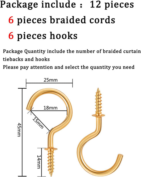 Blulu 6 Pieces Braided Curtain Tiebacks Rope Belt Curtain Ties and 6 Pieces Hooks Metal Curtain Tieback Hooks for Window Curtain Accessories (Silver) by Blulu