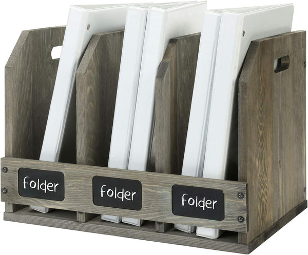 MyGift Vintage Gray Solid Wood Magazine Holder with 3 Compartments, Office Home Document Organizer