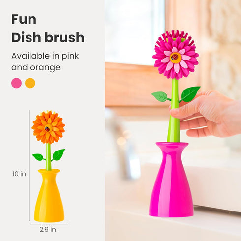 Vigar Flower Power Dish Brush with Handle and Vase Dish Brush Holder, Kitchen Scrub Brush for Pot Scrubber, Dishes