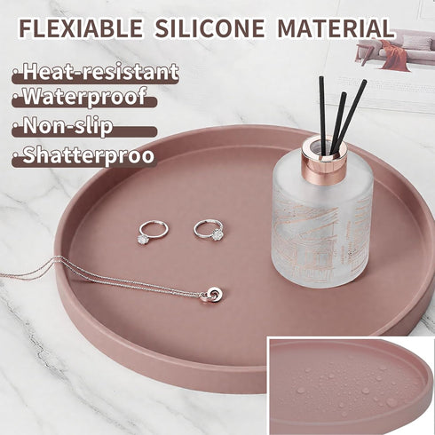 NIUnie 9" Countertop Silicone Bathroom Tray, Round Reddish Brown Vanity Organizer Decorative Tray for Soap, Candle