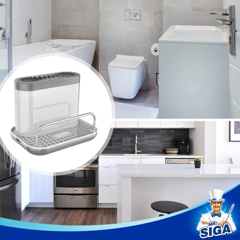 MR.SIGA Kitchen Sink Caddy, Organizer Sponge Brush Holder with Drip Tray, White & Gray