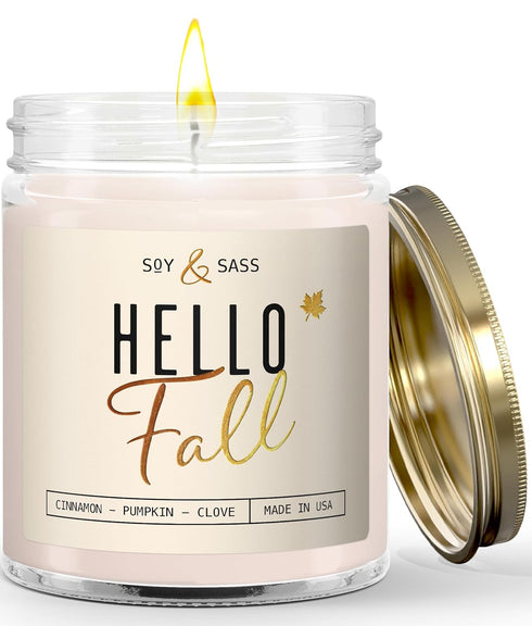 Fall Candles - 'Hello Fall' Candle with Cinnamon, Spice & Pumpkin, Essential Oils, 9oz Jar, 50Hr Burn