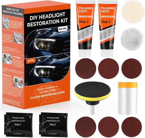 Headlight Restoration Kit for DIY Polishing, Clean Tool with Sanding Discs and Scouring Pads for Electric Drill