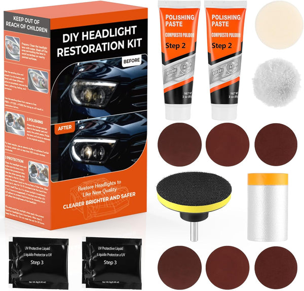 Headlight Restoration Kit for DIY Polishing, Clean Tool with Sanding Discs and Scouring Pads for Electric Drill