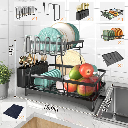 Godboat Dish Drying Rack, 2-Tier Dish Racks for Kitchen Counter with Drainboard & Mat