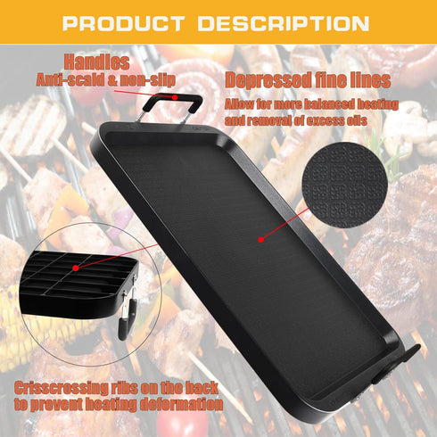 Non-Stick Aluminum Flat Griddle, 17" x 10.5" Double Burner Griddle for Glass and Gas Stove, Great for Breakfast and BBQ