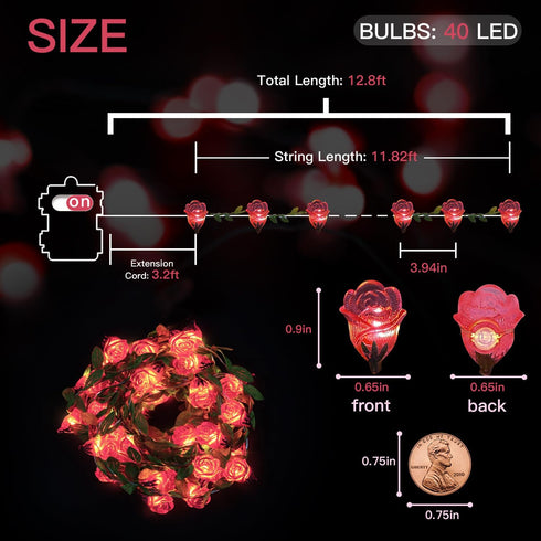 40 12.5ft suddus LED Fairy Lights Battery Powered, Pink Rose Flower String Lights with Remote, Valentine Lights