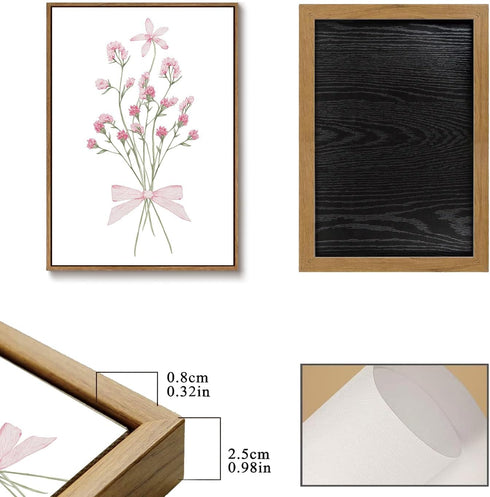 SongZest 3 12x16in Piece Pink Floral Framed Wall Art Boho Flower Nursery Canvas Art Prints Wildflower Bow Pictures Wall