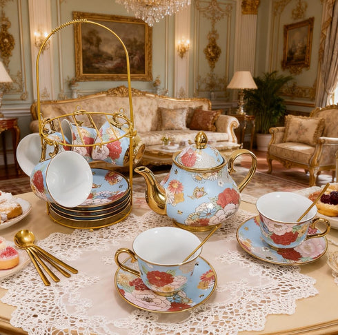 CHANJOON Set, Sets Set 6 Gold Plated Red Rose Ceramic Tea Vintage Tea with Teapot, Beautiful Tea Coffee Serving People
