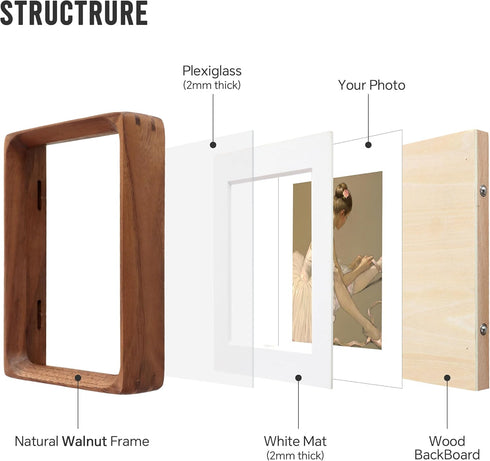 8x8 6x6, Picture Frame with Mat for Pictures Square walnut wood desk frame with plexiglass, perfect for room decor