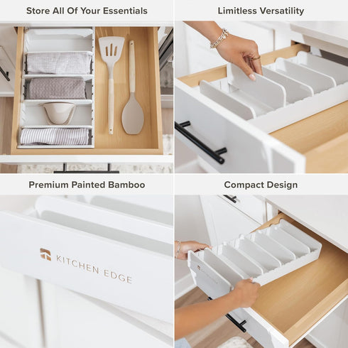 Bamboo Kitchen Towel and Food-Storage Organizer, Adjustable Wall Inserts, Non-Slip Feet, White Finish for Kitchen