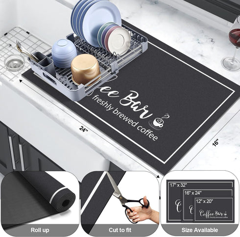 Coffee Bar Mat for Countertops, 16"x24" Absorbent Dish Drying Mat with Coffee Cup Pattern for Kitchen and Dining Room
