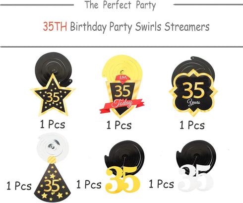 LINGTEER Happy 35th Birthday Decorations - 12 Pcs Black & Gold Foil Swirls Streamer Set for 35 Years Old