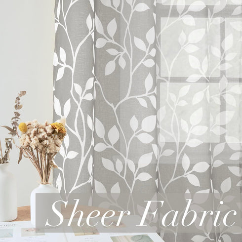XTMYI Light Grey Small Window Curtain Panels for Bathroom, Grommet Leaf Striped Sheer Half Short Curtains, 48 Inch