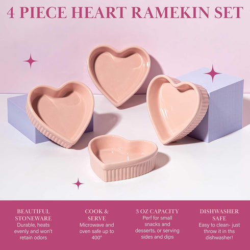 Paris Hilton Heart Shaped Ramekin Set, Mini Ceramic Baking Dishes, 4-Piece Oven Safe, Pink