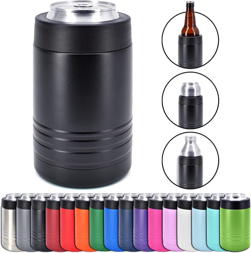 4-in-1 Stainless Steel 12 oz Double Wall Vacuum Insulated Can or Bottle Cooler, Fits 16 oz Cans - Black