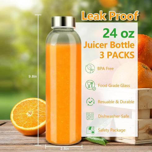 Zukro Glass Juice Bottles with Lids Set of 3, 24 oz Reusable Clear Bottles with Stainless Steel Cap