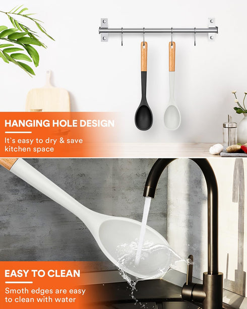 Large Silicone Cooking Spoons, 13.2inch Nonstick Solid Wooden Handle for Serving, Basting, Mixing (Black & White)