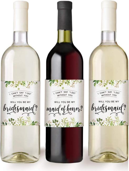 Printed Party Bridesmaid Proposal Wine Bottle Label Gift, Greenery, Set of 8