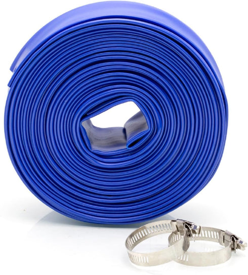 WWD POOL 1-1/2" x 50' Heavy Duty Swimming Pool Backwash Hose with Clamp, General Purpose Reinforced PVC Lay-Flat Water Discharge Hose, for Drain Clean Swimming Pools & Filters