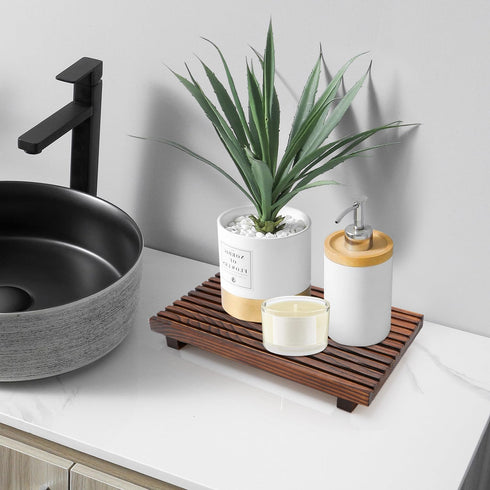 Renawe Farmhouse Wooden Bathroom Counter Tray, Decorative Pedestal Stand for Kitchen Countertop and Sink Accessories