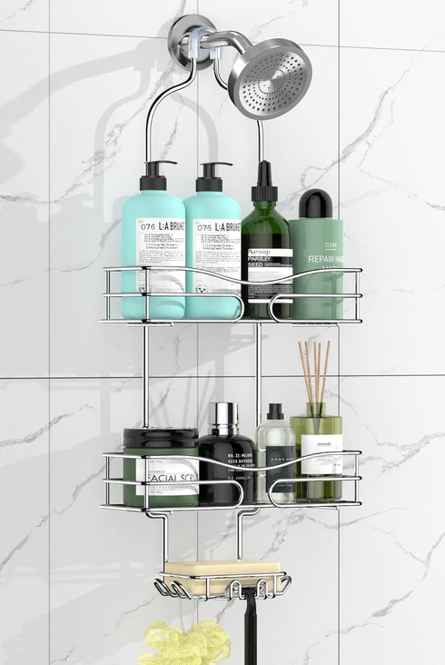 Shower Caddy Organizer with 6 Hooks for Razor & Sponge, Shower Shelf with Soap Basket, Hanging Storage, Silver