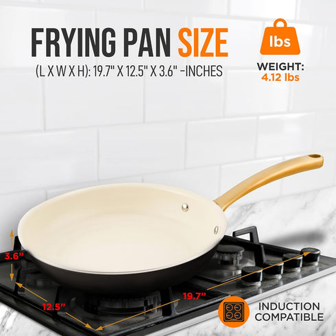 NutriChef 12-Inch Professional Ceramic Frying Pan - Large Skillet with Golden Titanium Handle, Non-Stick Ceramic Coating, Stain-Resistant, Easy to Clean, Ideal for Home Cooking by NutriChef