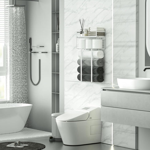 Towel Racks for Bathroom, Floating Shelves with Towel Rack and Paper Holder, Over Toilet Storage Basket, White