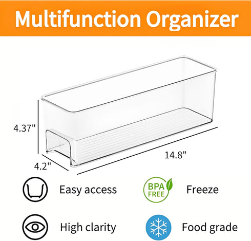 14.8'' 2 Pack vacane Long Breastmilk Storage Container, Clear Narrow Fridge Organizer Refrigerator Bin with Handles