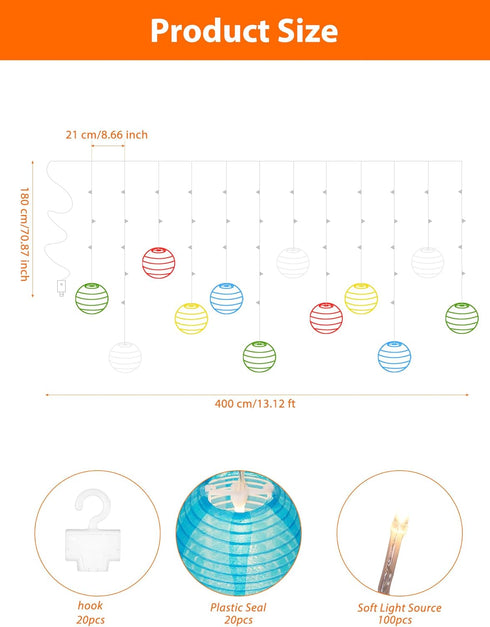 FIALAME in,13.12ft 100 20 Lanterns,Remote,8 Multicolor Paper Lantern String Lights Plug LED Twinkle Curtain String